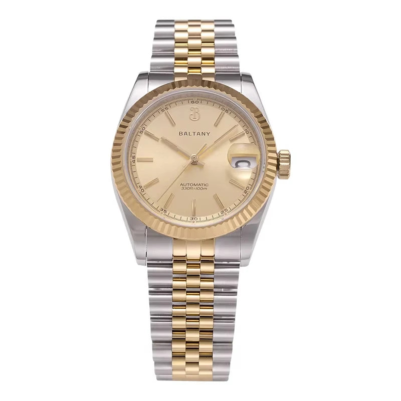 NorthChrono two-tone automatic watch featuring a gold dial, date display, and fluted bezel, paired with a silver and gold bracelet. Stylish and classic design, suitable for formal occasions.
