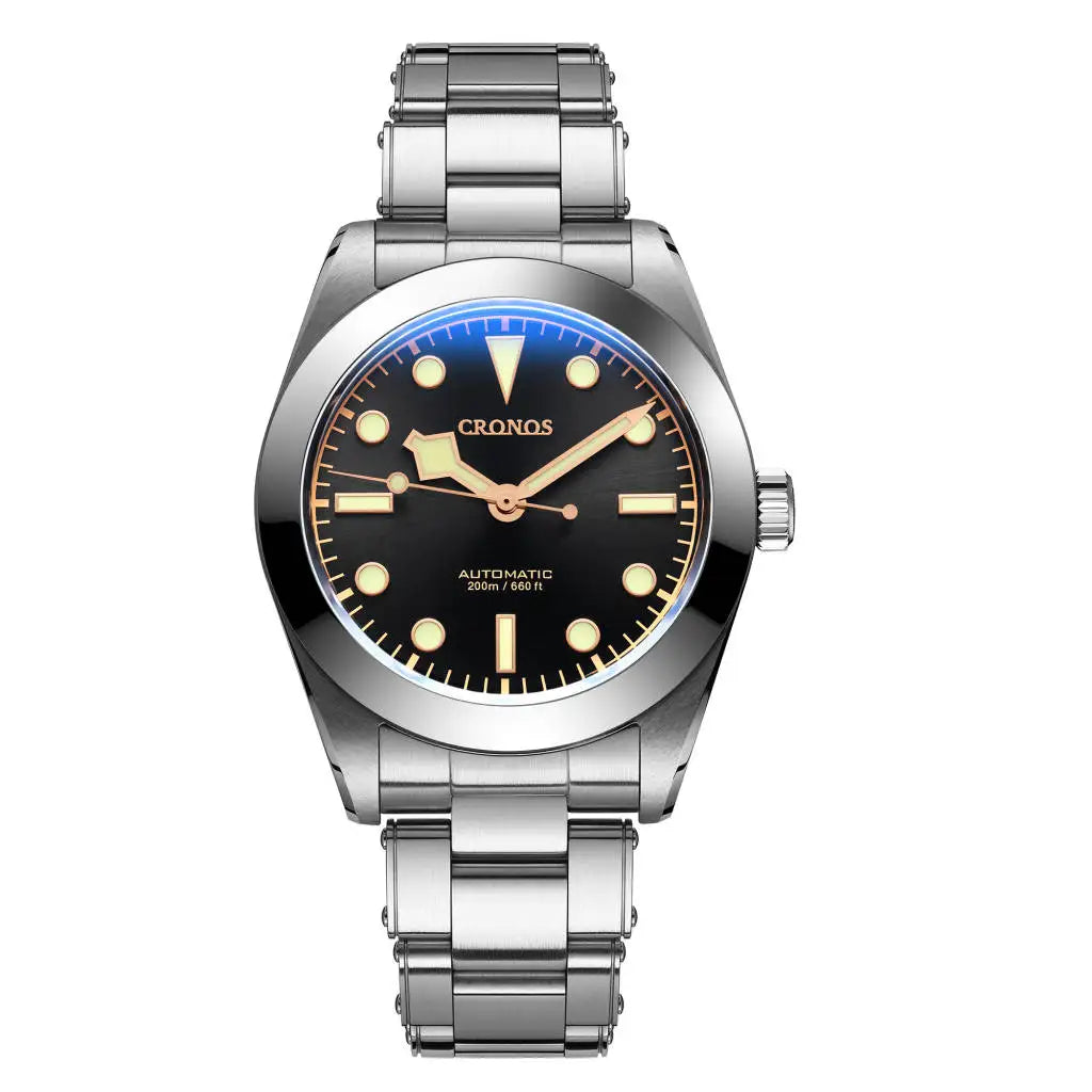 NorthChrono automatic watch featuring a round black dial with gold-tone markers and hands, prominently displaying "CRONOS." The stainless steel case and bracelet offer 200-meter water resistance.