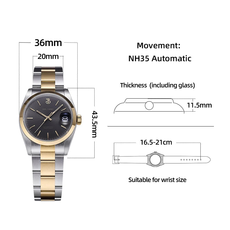 NorthChrono 36mm automatic watch with NH35 movement, featuring a two-tone silver and gold bracelet, date display at 3 o'clock, and a suitable wrist size of 16.5cm to 21cm.