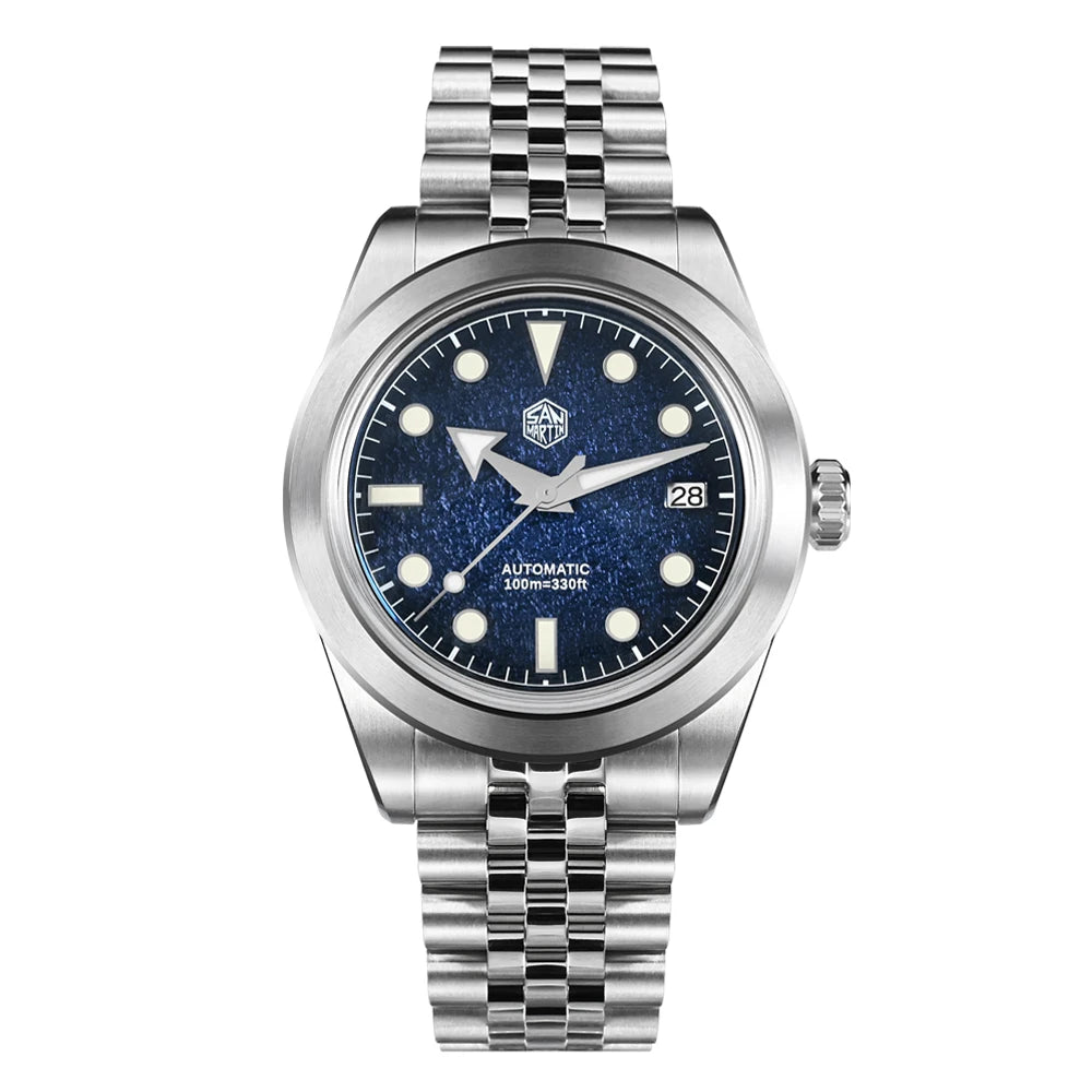 NorthChrono stainless steel automatic watch with a blue textured dial, large luminous hour markers, date function at 3 o'clock, and a robust metal bracelet, marked with “100m” for water resistance.