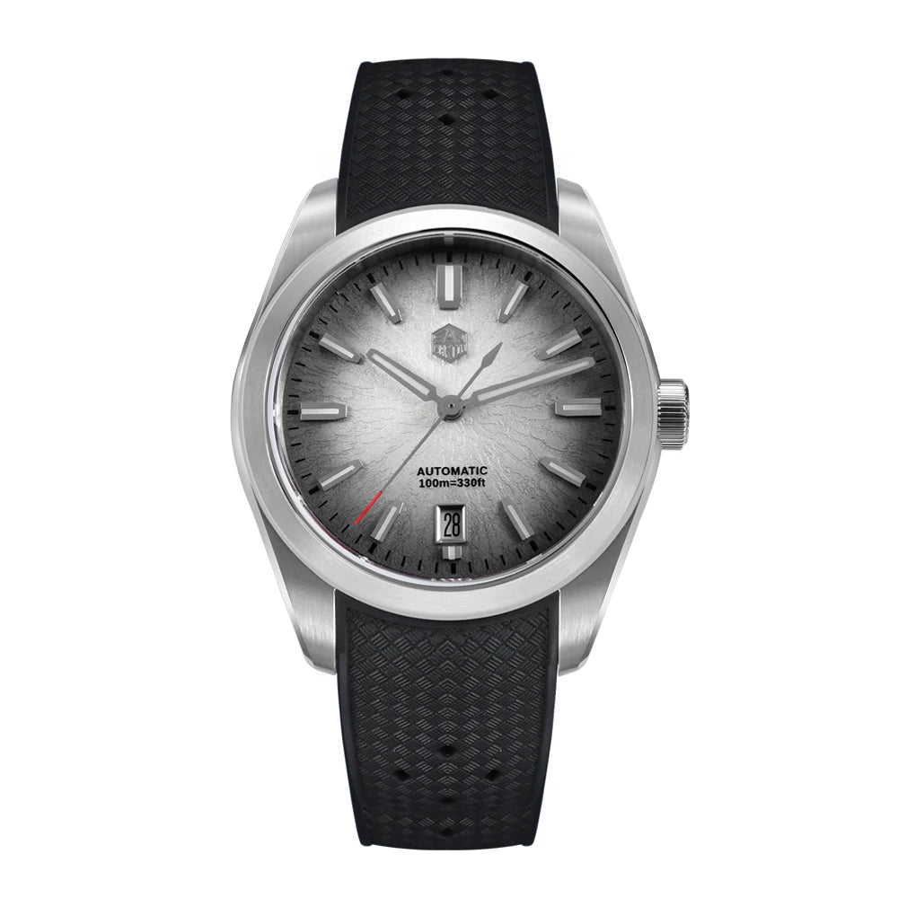 NorthChrono automatic wristwatch with a silver-gray dial, stainless steel case, date display, hour markers, and a prominent winding crown, paired with a black rubber strap, ideal for a sporty and functional look.