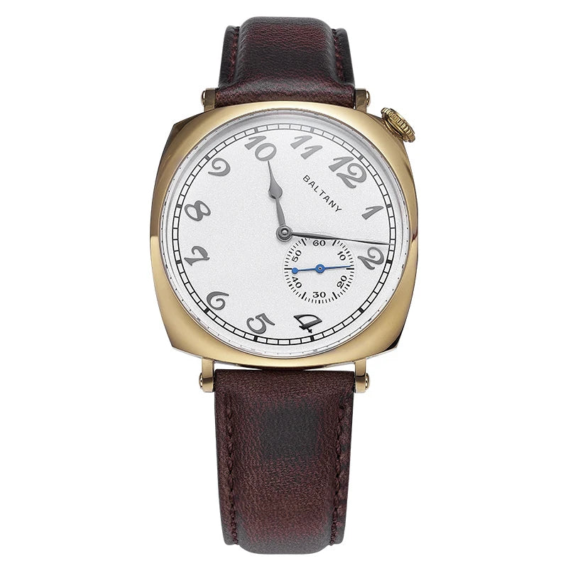 NorthChrono classic watch with a white dial featuring Arabic numerals, a small sub-dial for seconds, and gold-tone case. It is complemented by a brown leather strap and distinctive hour and minute hands.