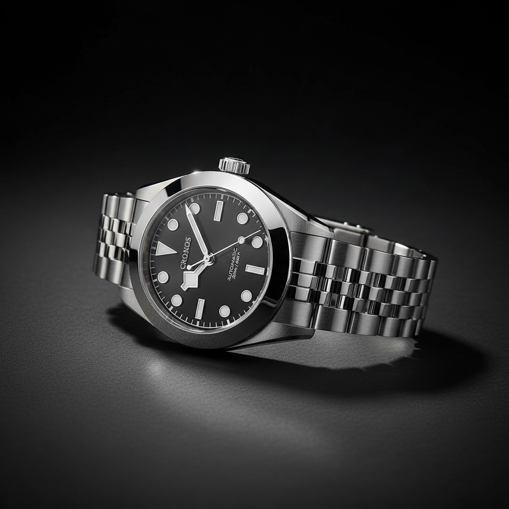 NorthChrono stainless steel watch with a black dial featuring clear hour markers and hands, mounted on a classic link stainless steel bracelet, presented in dramatic lighting to highlight its minimalist design.