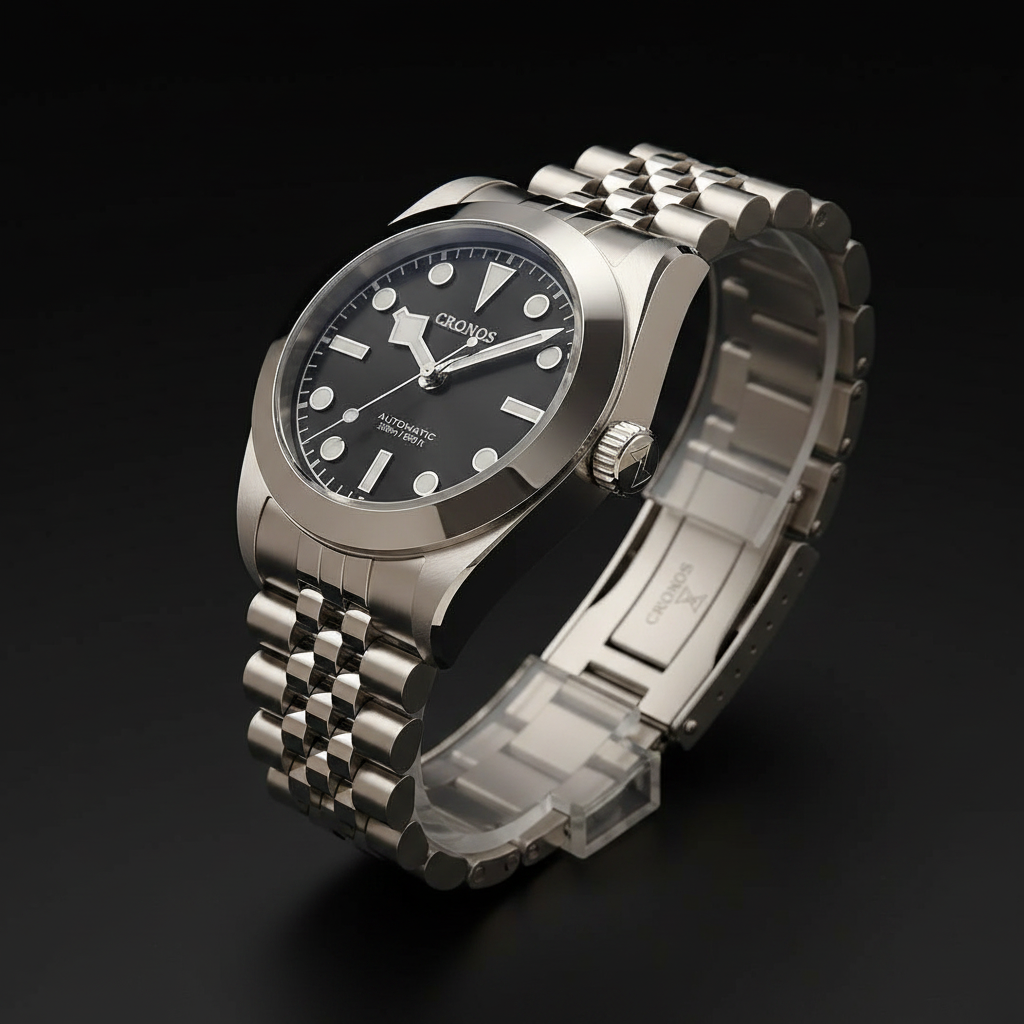 NorthChrono silver stainless steel automatic watch with a black dial, featuring hour markers and hands, displayed on a link-style metal bracelet. The brand name "CIRONOS" is visible on the dial, suited for casual or formal occasions.