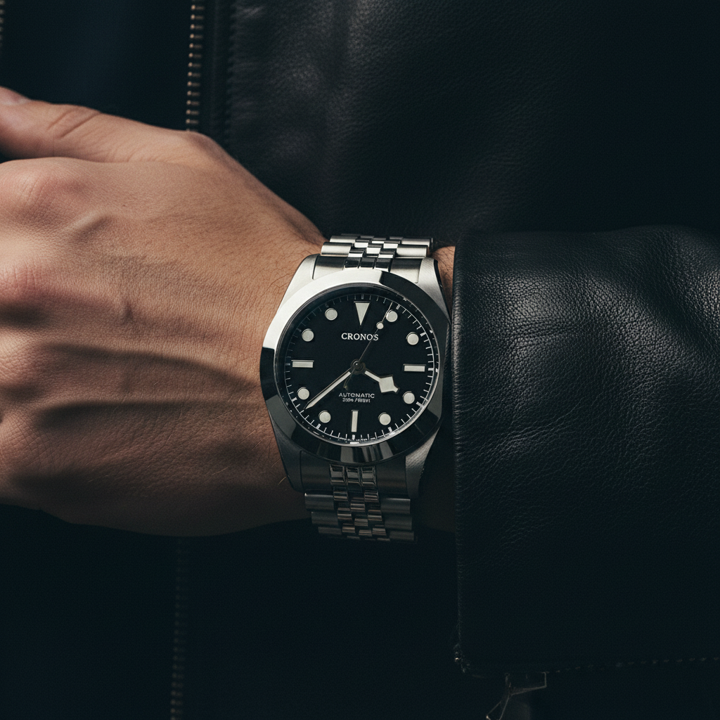 NorthChrono close-up of a silver watch with a black dial on a male wrist, featuring a metal bracelet. The wrist is partially covered by a black leather jacket, showcasing the watch's elegant design with simple markers.