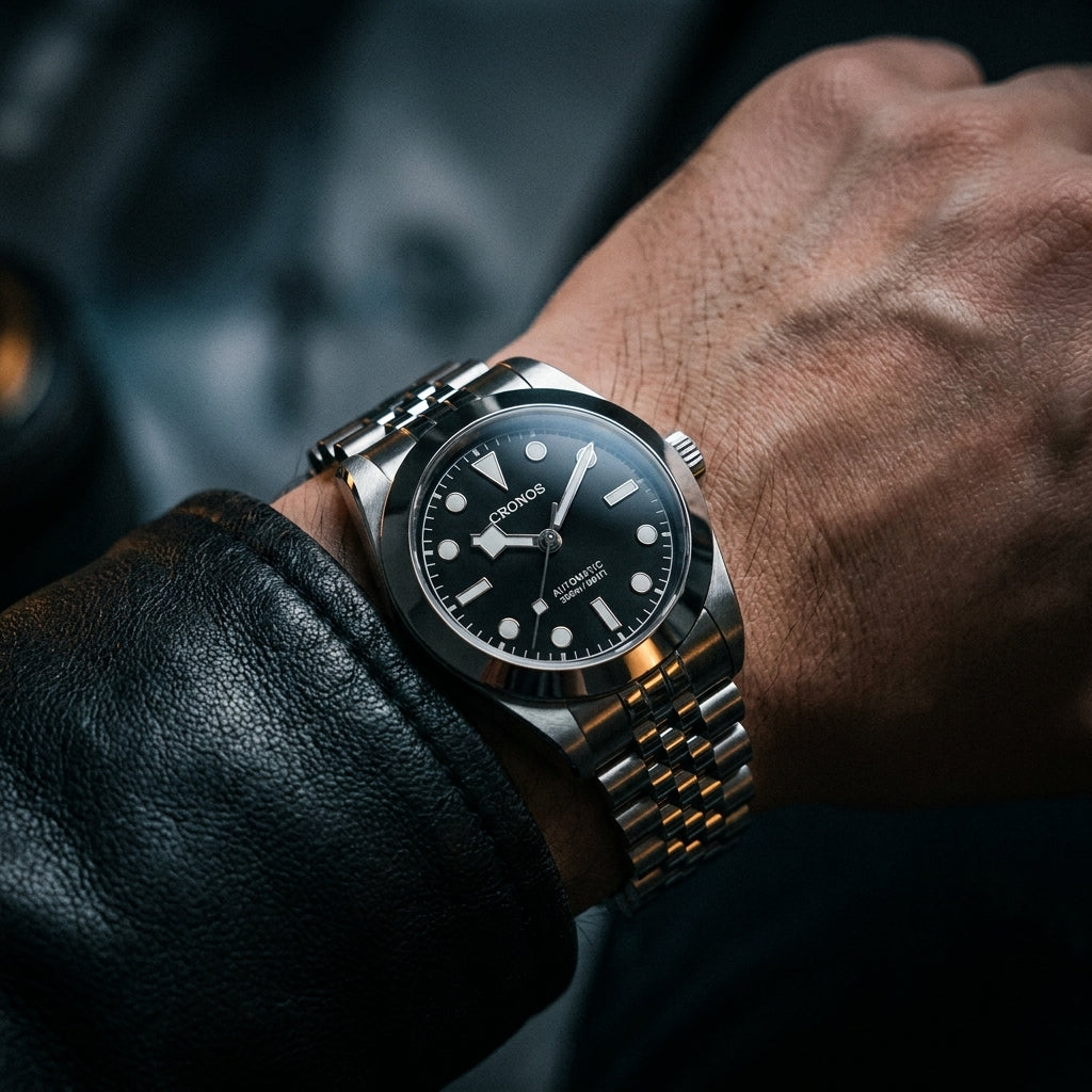 NorthChrono stainless steel watch on a male wrist features a black dial with silver hour markers and is paired with a stainless steel bracelet, partially covered by a black leather sleeve, set against a blurred casual background.