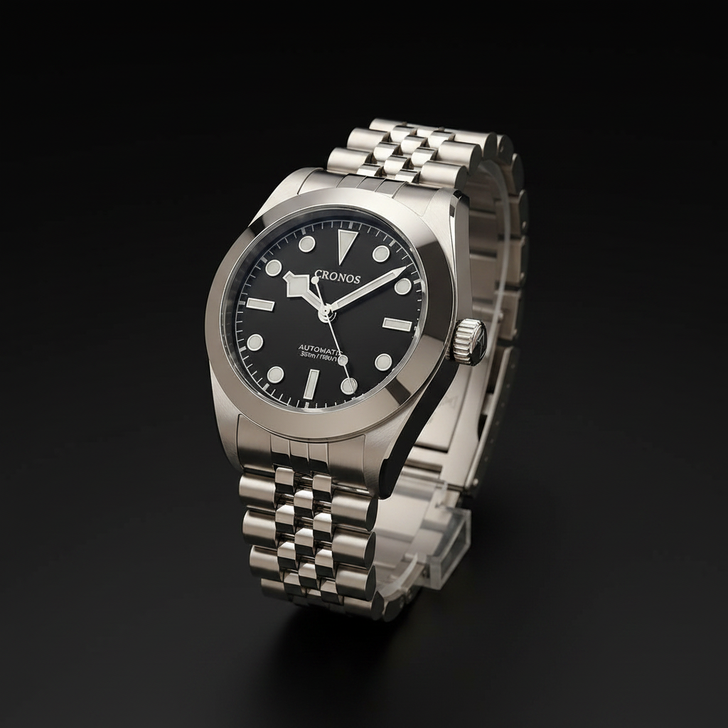 NorthChrono luxury automatic watch featuring a round stainless steel case, black dial with luminous hour markers and hands, date display, and classic stainless steel bracelet, set against a black background.
