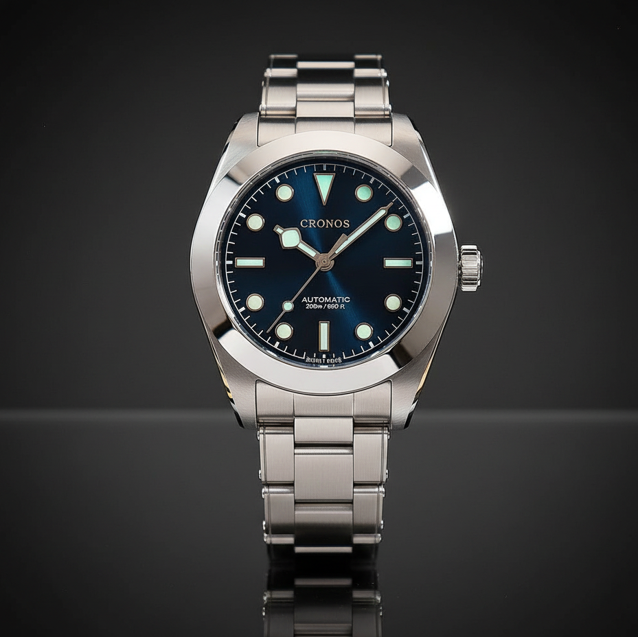 NorthChrono automatic watch with a blue dial featuring luminous hour markers and the brand "CRONOS," housed in a round stainless steel case. It has a stainless steel bracelet and is water-resistant up to 200 meters.