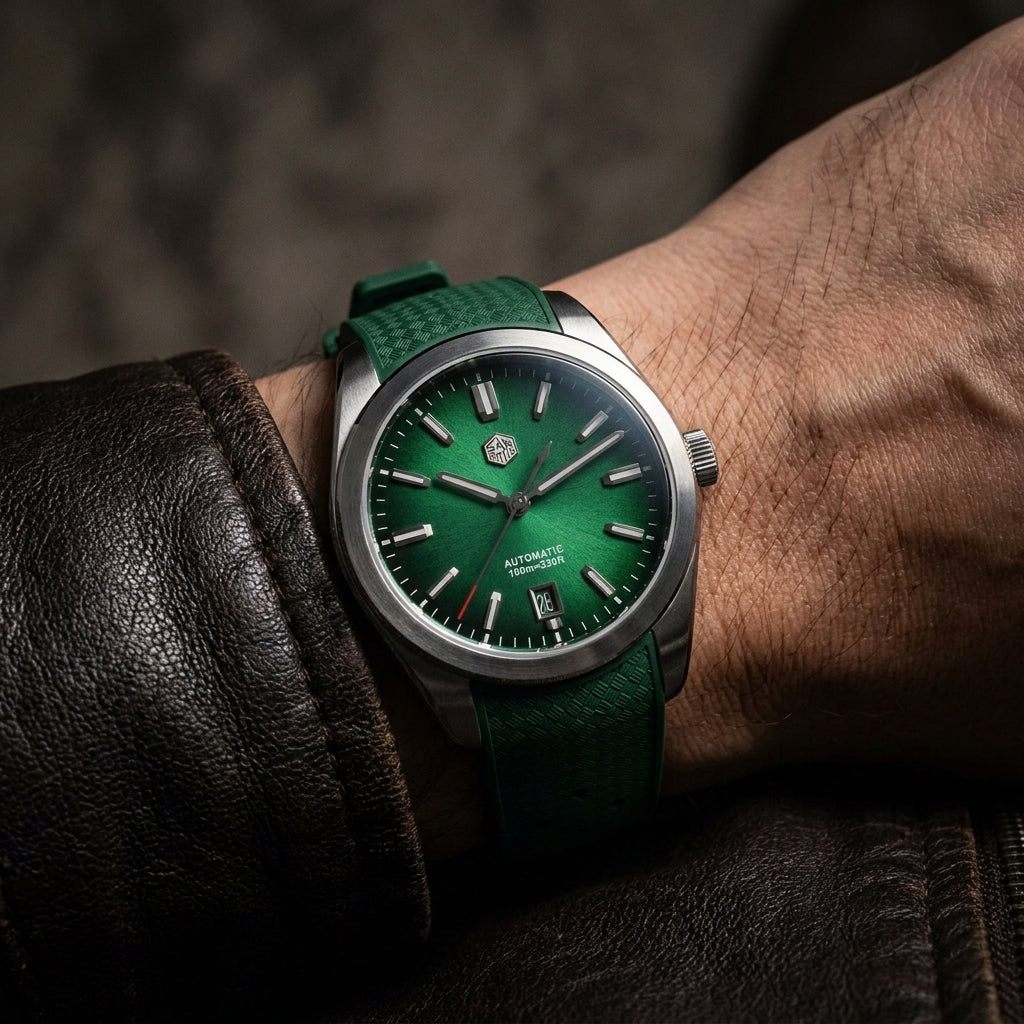 NorthChrono close-up of a wristwatch featuring a green dial and green strap, with a stainless steel case. The dial has silver hour markers and hands, partially covered by a brown leather jacket on a male wrist.