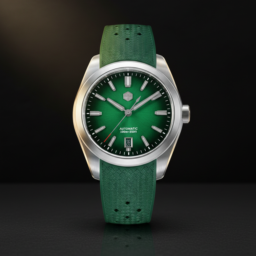 NorthChrono sporty automatic watch featuring a striking green dial with silver hour markers, date display, and textured green rubber strap, housed in a polished stainless steel case, water-resistant up to 100m.
