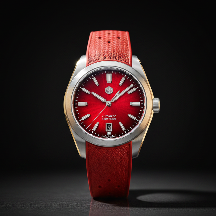NorthChrono automatic watch features a striking red dial with a date function and a stainless steel case. The sporty design is complemented by a matching red strap, making it a modern accessory for any occasion.