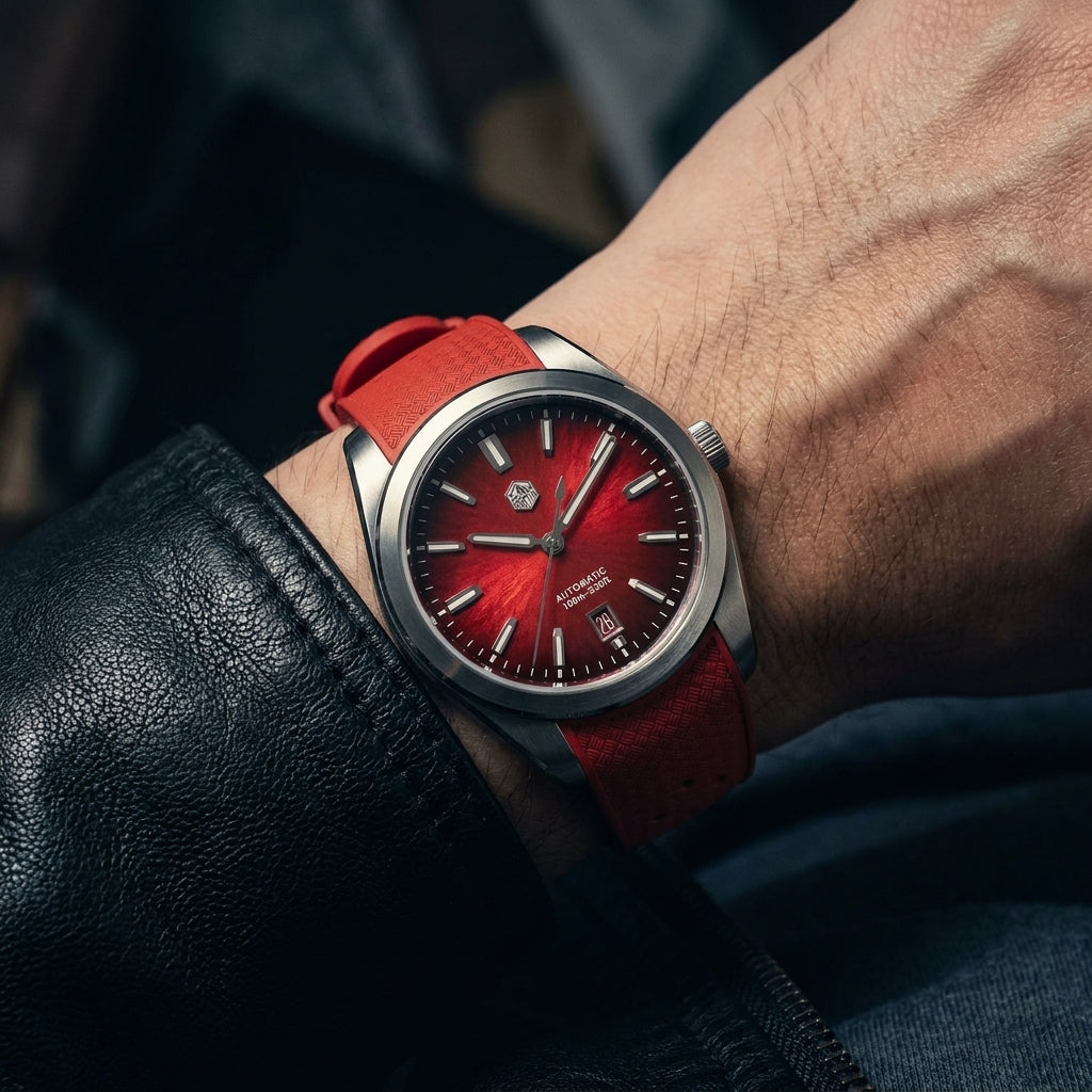 NorthChrono wristwatch featuring a bright red dial with hour markers and hands, stainless steel case, and red strap. Displayed on a male wrist wearing a leather jacket, showcasing a stylish look.