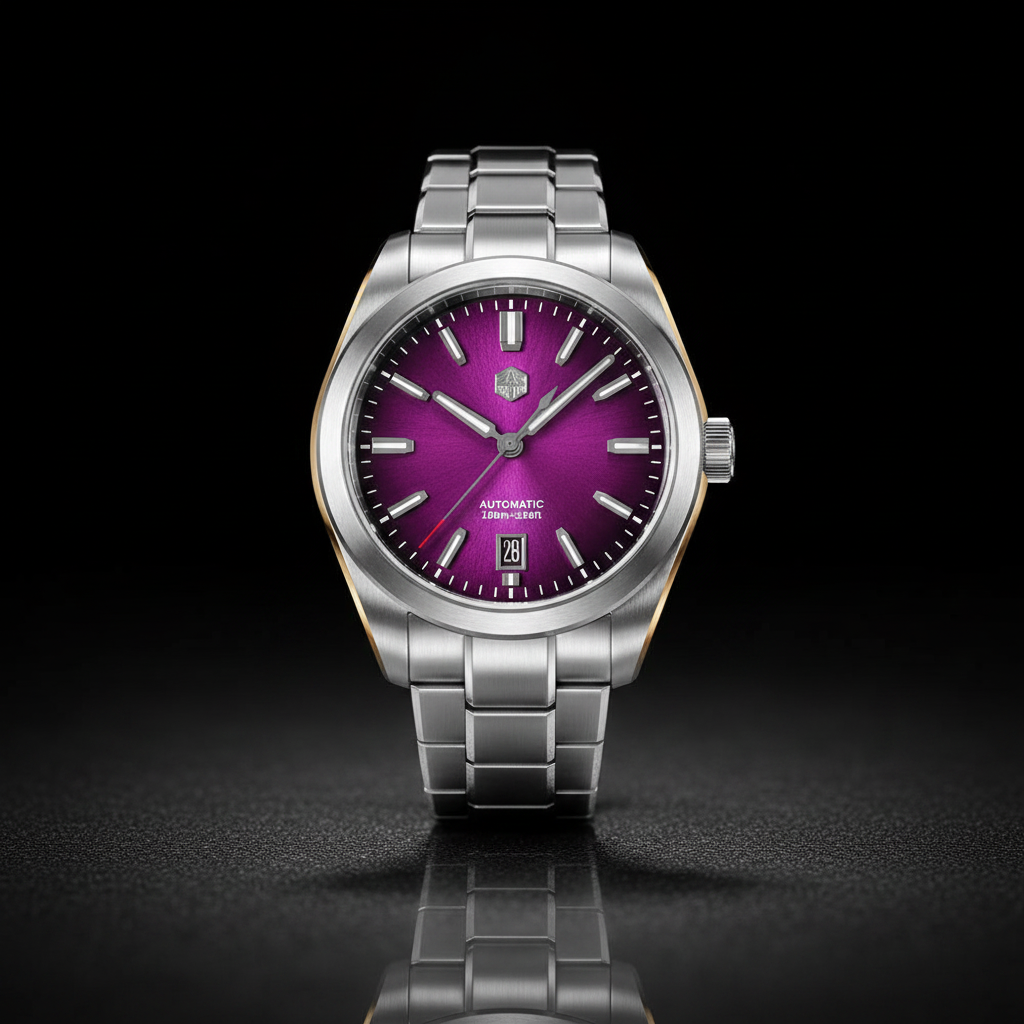 NorthChrono stainless steel watch with a striking purple dial featuring hour and minute markers, a date display, and a stainless steel bracelet, showcasing a modern sporty and stylish design.