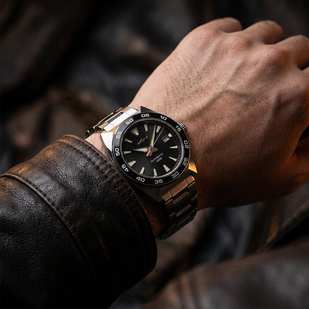 NorthChrono close-up of a stainless steel bracelet watch on a male wrist, featuring a black dial with time interval markings, against a textured leather background, possibly a jacket.