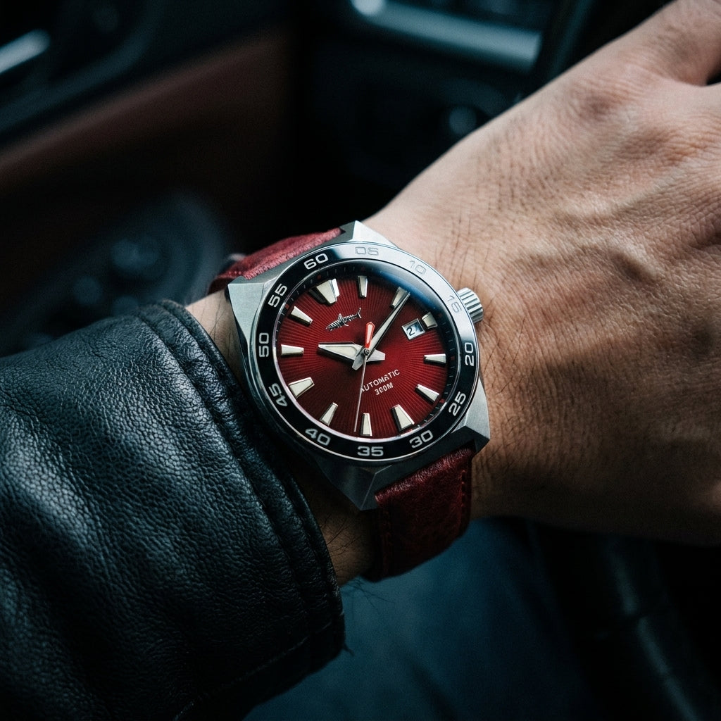 NorthChrono close-up of a wrist wearing a watch with a red dial, silver hour markers, automatic movement, and date display, mounted on a red leather strap, resting on a steering wheel inside a vehicle.