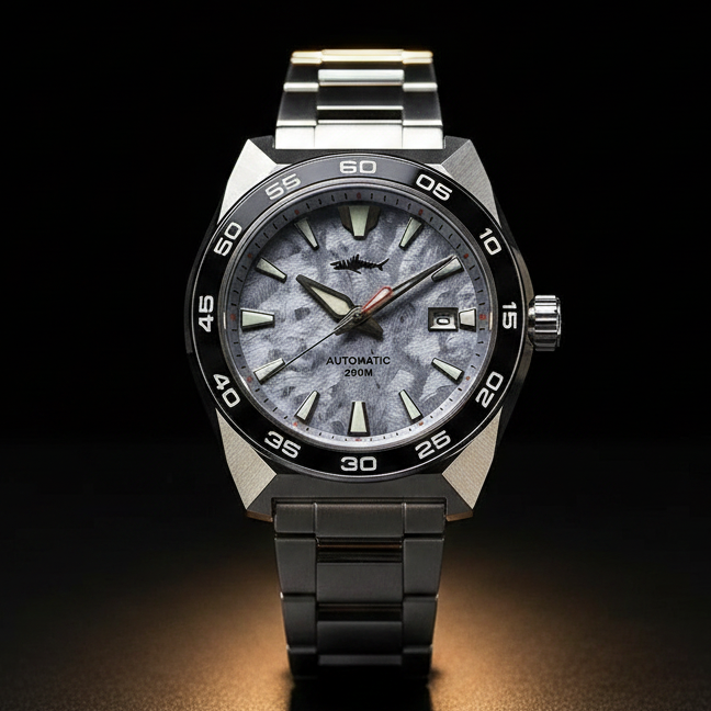 NorthChrono automatic wristwatch with a textured black dial, luminous hands, hour markers, date function, and a robust stainless steel case. Features a metallic strap and is water-resistant up to 200 meters.