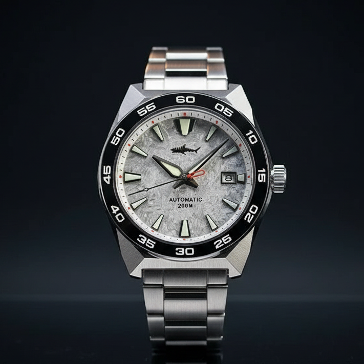 NorthChrono automatic watch with a gray textured dial, silver-tone hour markers and hands, black bezel with white numerals, date window, and a stainless steel bracelet; water-resistant up to 200 meters.