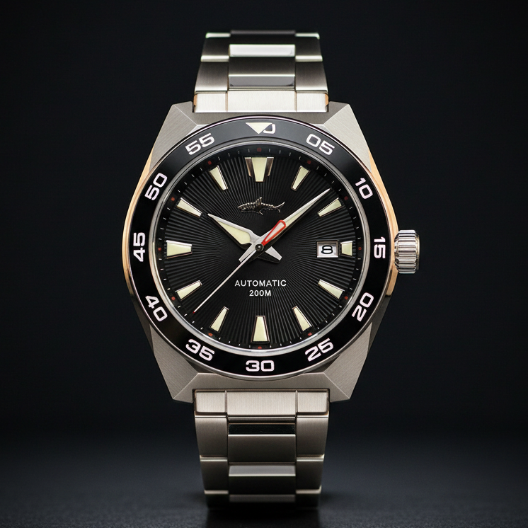 NorthChrono men's automatic watch featuring a sporty black dial with luminous hour markers and hands, a date display at 3 o'clock, and a robust stainless steel band; water-resistant up to 200M.