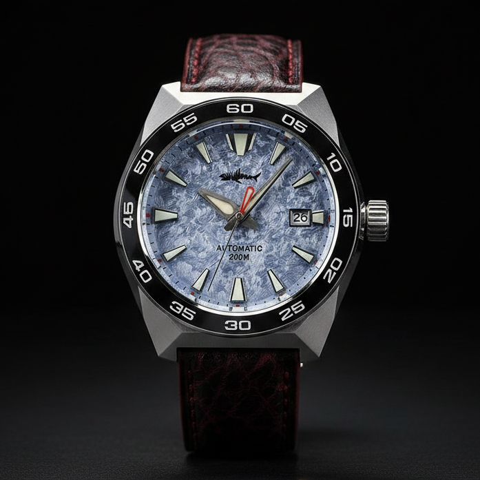 NorthChrono sporty elegance watch features a metallic case, blue textured dial with date display at 3 o'clock, black bezel with white markers, and a dark brown textured leather strap, perfect for casual or formal occasions.