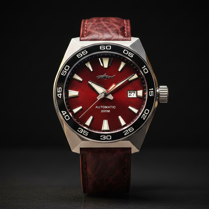 NorthChrono automatic watch with a striking red dial, silver hands, date window at three o'clock, stainless steel case, and textured brown leather strap, featuring 200 meters water resistance.