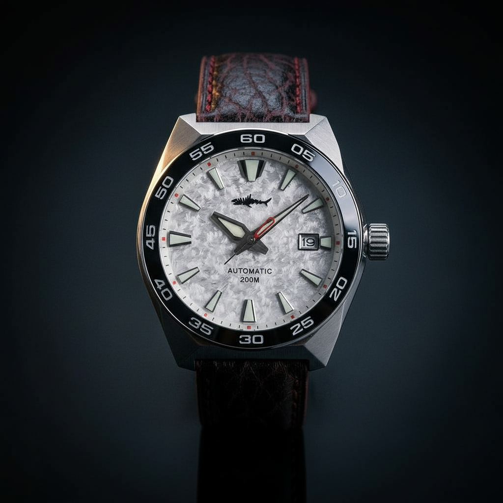 NorthChrono automatic watch featuring a silver dial with hour markers and a date function, housed in a sporty stainless steel case. It has a combination strap of metal and brown leather, with a water resistance of 200 meters.