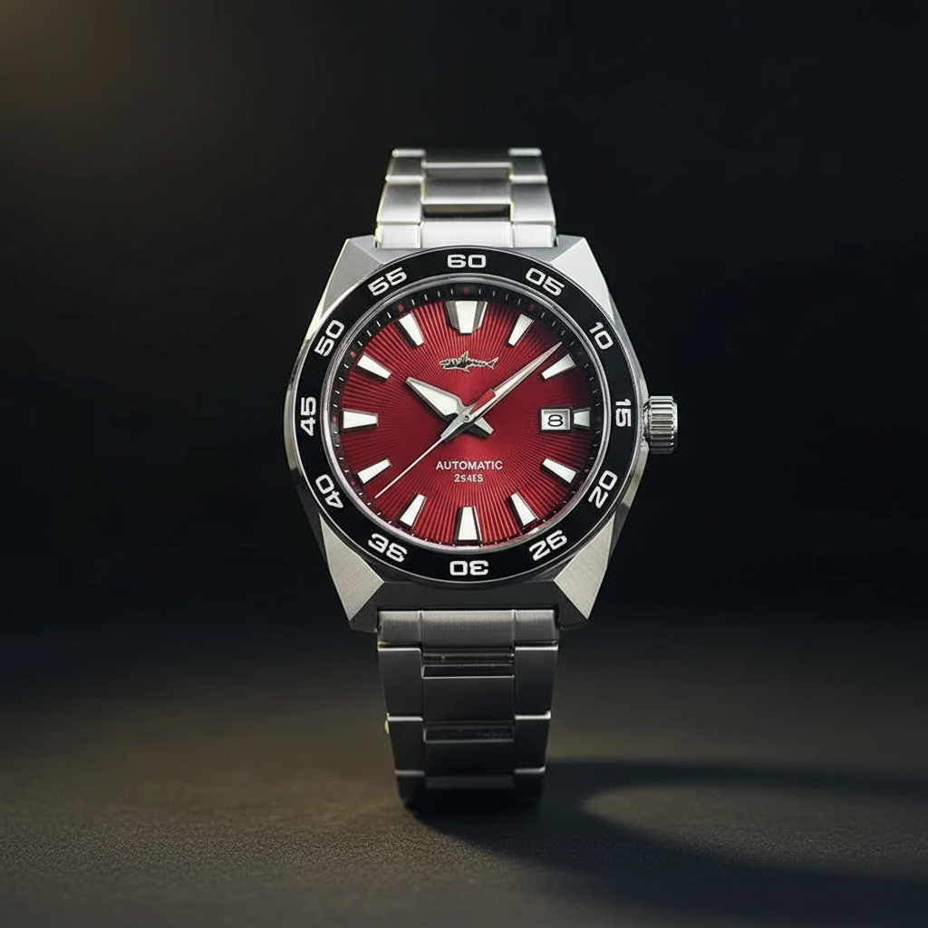 NorthChrono automatic watch with a bold red dial, silver hour and minute hands, date window at 3 o'clock, black bezel with white markings, and a stainless steel bracelet, presented on a male wrist against a dark background.