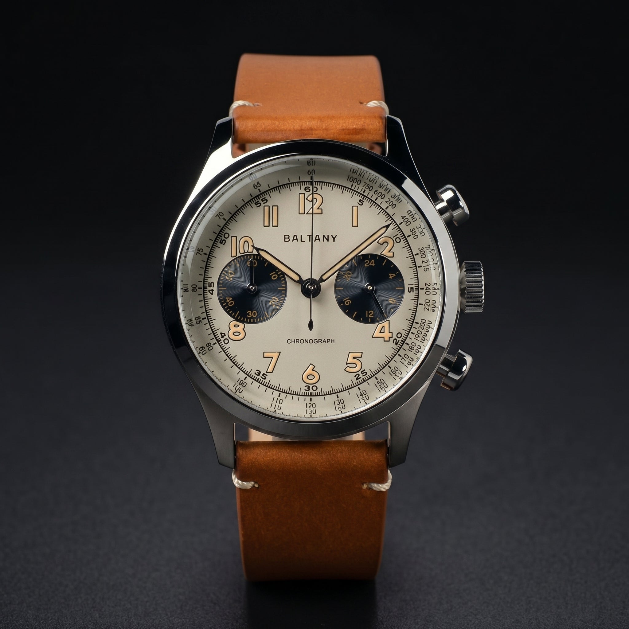 Baltany S5034 Vintage Chronograph Watch — 39mm Quartz, Panda Dial, Sapphire