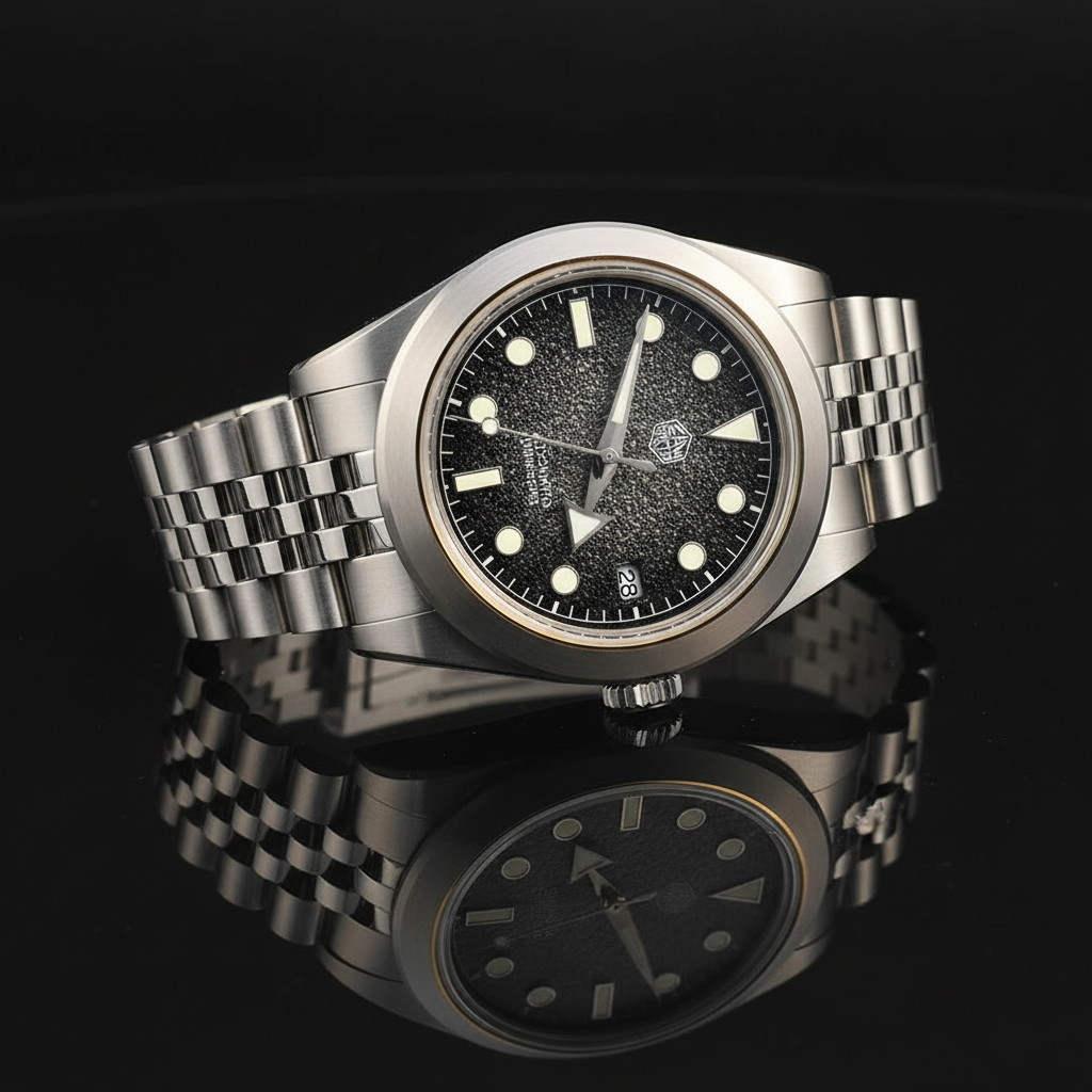 NorthChrono stainless steel watch with black textured dial, white hour markers, and luminous hands. Features a date window at 6 o'clock, prominent crown, and stainless steel bracelet on a reflective surface.