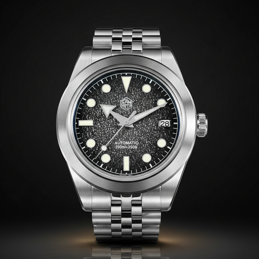 NorthChrono stainless steel diving watch with a black textured dial featuring luminous hour markers, hands, and a date display at 3 o'clock. Equipped with a robust metal bracelet and water resistance of 1000m.