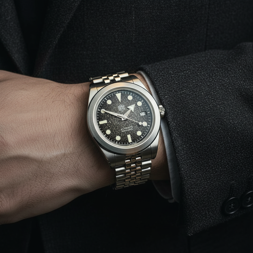 NorthChrono close-up of a wristwatch featuring a black dial with luminous hour markers and hands, date function, mounted on a two-tone bracelet, worn by a person in formal attire.