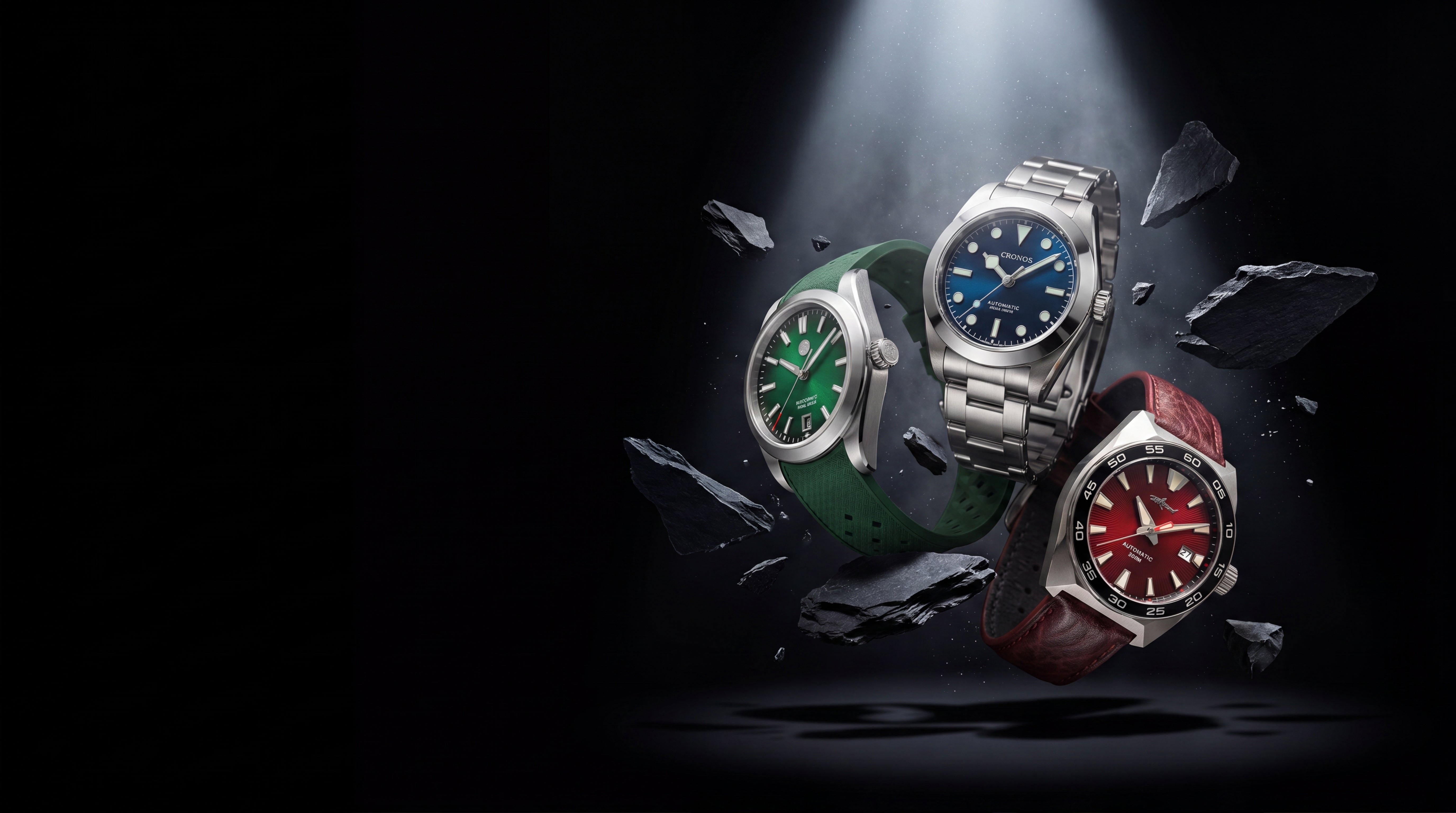 NorthChrono features three watches displayed against a dark background: one with a blue dial on a metal band, another with a green dial on a leather strap, and a red dial watch on a different strap.