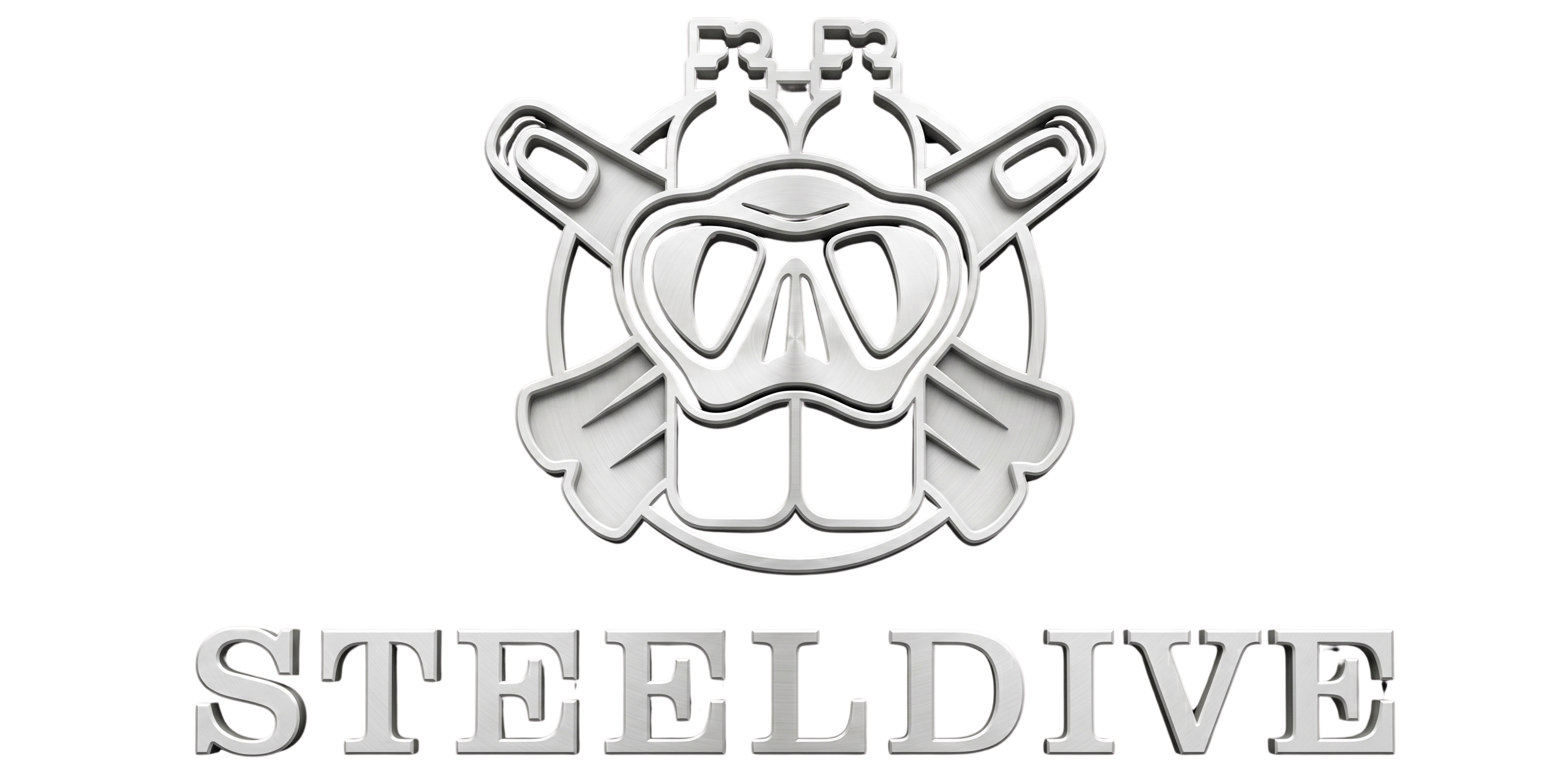 NorthChrono logo for "STEELDIVE" featuring an illustration of diving goggles, two diving tanks, and crossed divers' fins, suggesting a focus on scuba diving and underwater activities. The brand name "STEELDIVE" is prominently displayed below the graphic.